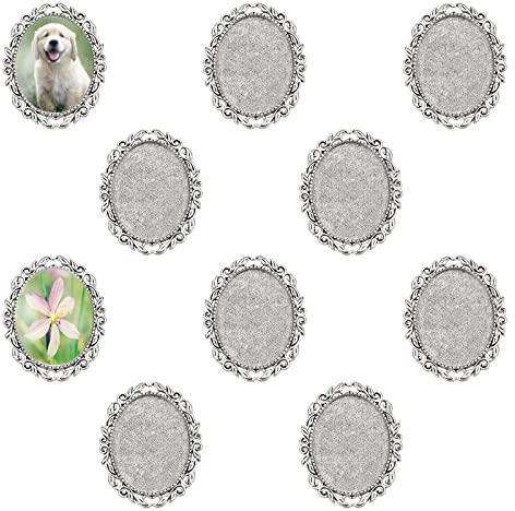 PH PandaHall 10pcs Brooch Tray Oval Jewellery Tray Vintage Style Bezel Tray Cabochon Photo Settings for Memorial Brooch Making Valentine's Day Birthday Anniversary Tray: 1.6x1.2 Inch, Antique Silver