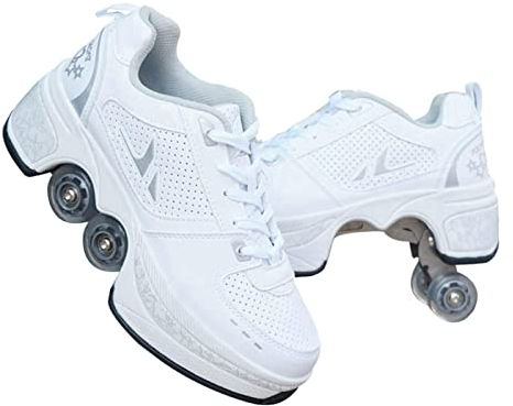 JTKDL Rollschuh Roller Skates Lauflernschuhe, Sneakers, 2in1 Mehrzweckschuhe Schuhe Mit Rollen Skateboardschuhe,Inline-Skate,Verstellbare Quad-Rollschuh Stiefel,Silver-38
