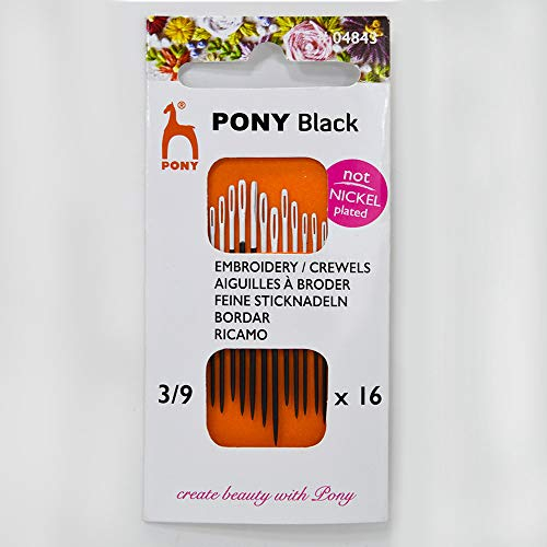 Pony - Pony Black Crewel Acabado Mate (No. 3-5-7-9) Agujas de Coser a Mano con Ojo Blanco - 16 Agujas