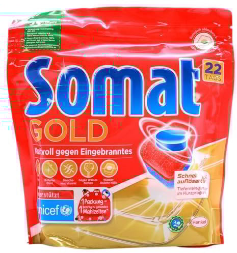 Pastillas para lavavajillas Somat 12 Gold multiactivas, capacidad anual, 88 (4 x 22) pastillas, extra de fuerza contra el efecto brillante y quemado