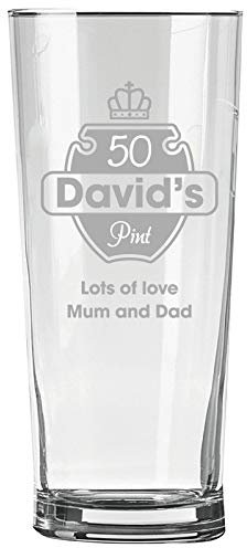 Personalised Engraved Pint Glass - 50th Birthday Gift, 50 Pint Glass, Name and Crown Design