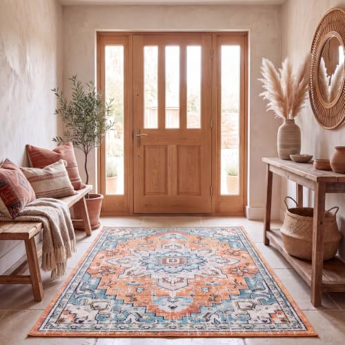 SAFAVIEH Boho Teppich für Wohnzimmer, Esszimmer, Schlafzimmer - Madison Collection, Kurzer Flor, Orange und Blaugrün, 122 X 183 cm