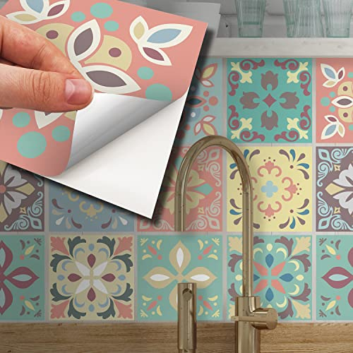 WALPLUS 15cm 48pcs Marbella Colourful Wall Tile Stickers Peel and Stick Backsplash Self-Adhesive Decals Vinyl Home Decor DIY Living Room Splashbacks Spring Easter Decoration Tile Paint Stick on Tiles