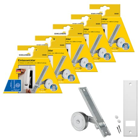 5er Set Schellenberg 50400 Einlasswickler MAXI + 53603 Abdeckplatte Standard, Lochabstand 18,5 cm, Gurtwickler für Rollladengurte mit 23 mm Breite inklusive passender Blende in Weiß