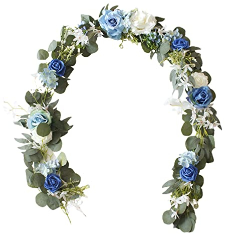 LEMCC Künstliche Rosengirlande, 2 m, blaue Rosenreben mit grünen Blättern, hängende Rose, Efeu für Hochzeit, Party, Zuhause, Wand, Garten, Tischdekoration