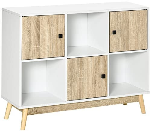 HOMCOM Storage Cabinet, Bookcase, Display Shelf with 6 Storage Cubes & Doors for Dining Room, Living Room, Natural