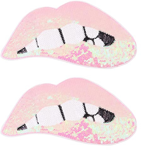 Tiardey 2pcs Large Mouth Patches Iron on or Sew on Lip Sequins Patches Embroidered Sequins Lips Punk Patches for Clothing Jeans T-Shirt DIY Motif Applique - Pink