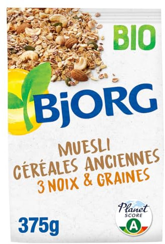 BJORG - Muesli Céréales Anciennes 3 Noix & Graines Bio - Céréales Complètes - Réduit En Sucres - 375G