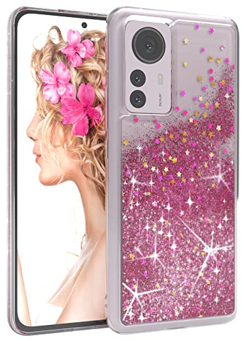 EAZY CASE Hülle kompatibel mit Xiaomi 12 Pro Schutzhülle mit Flüssig-Glitzer, Handyhülle, Schutzhülle, Back Cover mit Glitter Flüssigkeit, TPU/Silikon, Transparent/Durchsichtig, Pink