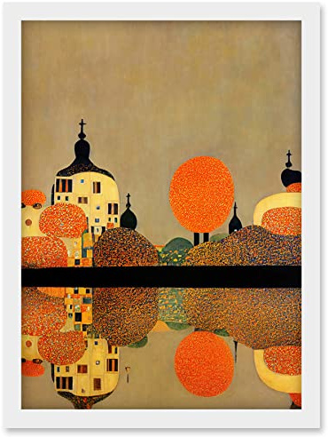 Wee Blue Coo Gustav Klimt Style Autumn Lakeside Town Church Reflection Artwork Framed Wall Art Print A4
