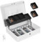 Sgorlds Geldkassette mit Schloss und 2 Schlüsseln, Metall Spardose mit Geldfach, Schloss Safe Box, 4 Rechnungen/5 Münzfächer, 11.8L x 9.5W x 3.5H Zoll (Seitenschlüssel-Weiß)