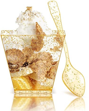PALUDO 60ml Mini Gold Glitter Dessert Cups with Spoons, 50 Pack Reusable Clear Square Plastic Dessert Cups, Cheesecake Pots, Multi-use Serving Dessert Bowls for Appetizers Birthday Party Supplies