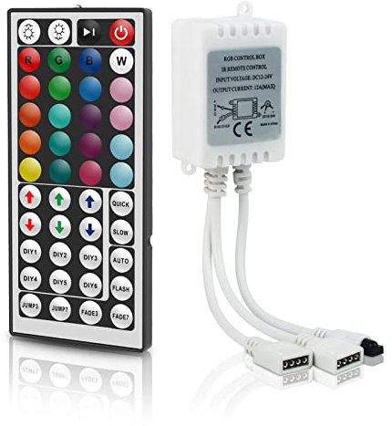 Aroidful 44 Keys RGB LED Remote Controller, DC12V-24V 4Pin 2 Ports RGB Control Box Wireless IR Remote Controller with Receiver for RGB 3528 5050 LED Light Strip - Dual Outputs