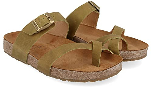 HAFLINGER Bio Juno Leder Pantolette Sandale Korkfußbett Unisex Grün (Country Oliv 1725), Gr 43