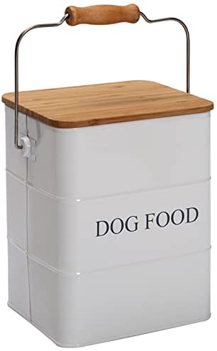 Ctomche Dog Food Storage Airtight Dog Food Bin,Metal Pet Food Storage for Dog with Scoop and Handle,Vintage Pet Food Storage Container 5lbs,White