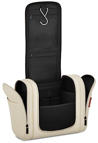 VanLindson Kulturbeutel XXL, 9 Liter Stauraum, 3-in-1 Kulturtasche zum Aufhängen für Damen, Herren und Kinder, Kosmetiktasche für Reise, Waschtasche, Waschbeutel, Wasserabweisend, Beige