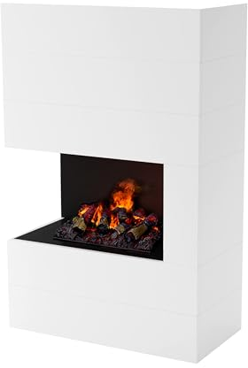 GLOW FIRE Tucholsky Left Corner - Camino elettrico con effetto scoppiettante, Opti Myst Cassette 500 con ponte in legno, camino elettrico 3D, con telecomando, effetto fiamma regolabile, colore: Bianco