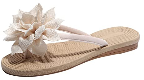 Tongs plates légères et classiques pour femme - Avec fleurs en tissu - Loisirs confortables et antidérapants - Tongs d'été douces - Chaussures de plage légères et bohémiennes, Blanc., 41