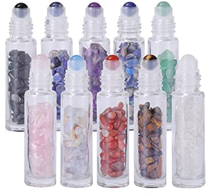 MKNZOME 10PCS 10 ml en Verreu flacons-roller de l'huile Essentielle, avec Pierre Précieuses et Cristal de puces à l'intérieur, idéal Présentoir pour les D'huiles Essentielleset Parfum et Cosmétiques