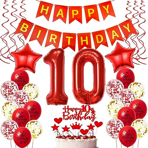 Deko 10. Geburtstag Mädchen - Luftballons, Folienballon, Tortendeko in Rot für Geburtstagsdeko