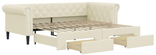 vidaXL Tagesbett, Ausziehbar Schlafsofa mit Schubladen, Bettsofa Gästebett für Schlafzimmer Wohnzimmer, Bett Sofa Ausziehbett, Creme 90x200 cm Kunstleder
