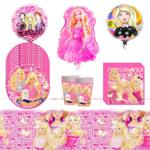 44 Pièces Vaisselle de Fête Anniversaire Barbiprincesse, Vaisselle Fête Bar-bi pour Anniversaire, Ensemble Vaisselle Party Supplie Papier Assiette Papier Tasse Serviette Pailles Nappe Ballon