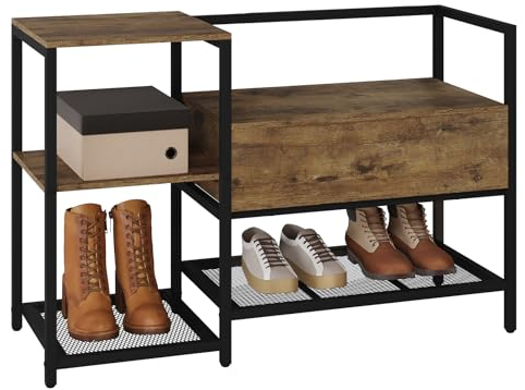 WOLTU Schuhregal mit Sitzfläche, Schuhschrank mit Sitzbank, Schuhbank mit Klappdeckel, für Flur Eingang Wohnzimmer, aus Metall MDF, Schwarz Vintagebraun, 100x66x37cm (BxHxT)