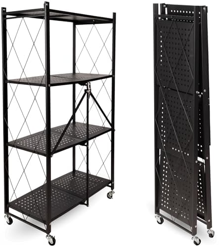 deluxe4home® Klappbares Regal mit Rollen Schwarz I 4 Fächer/Böden Rollbares Faltregal als Kellerregal Abstellraum I Rollregal Ordnungssystem einfach verstaubar