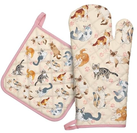 Arquiel Cat Oven Mitts and Pot Holders -100% Cotton, Heat Resistant Extra Long Oven Gloves & Hot Pads for Cooking BBQ Grilling Baking Gift, Set of 2