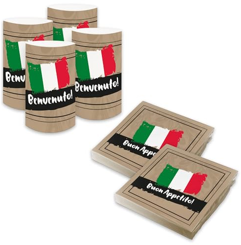 SET 40x itenga Servietten und 6x Windlicht italienisch - Buon Apetito 30 x 30cm 3-lagig Motivserviette Italien für italienische Tischdeko