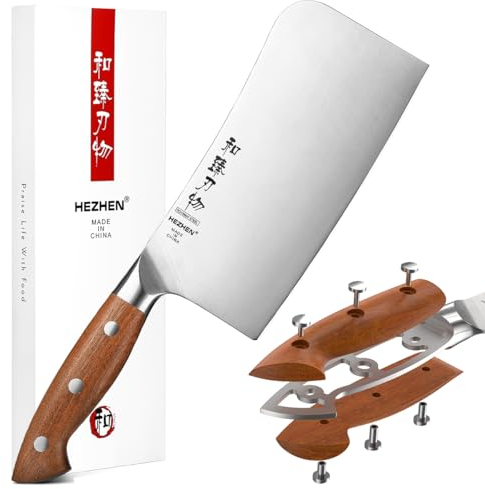 HEZHEN Mannaie per Carne in Acciaio Inossidabile, Coltello Mannaia Chef Cinese Coltello da Macellaio per Ossa, Coltelli da Cucina Professionali, Full Tang Manche