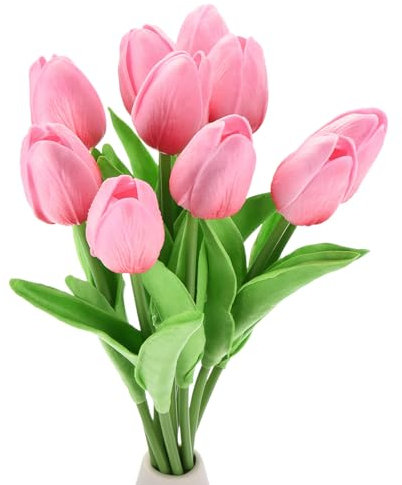 QUARKZMAN 10pz Tulipani Artificiali, Fiori Artificiali Steli Tulipani Finti al Tocco Reale per Bouquet Sposa Centrotavola Decorazione Tavolo Festa (Rosa Prugna)