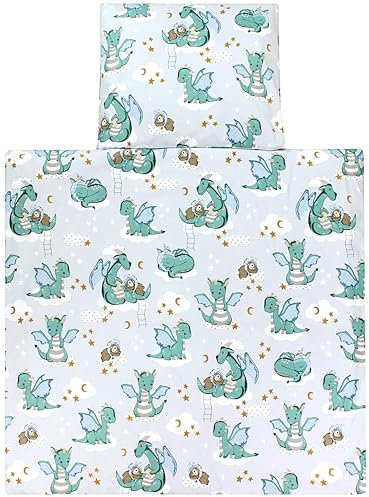 TupTam Unisex Baby Wiegenset 4-teilig Bettwäsche-Set: Bettdecke und Kopfkissen mit Bezug, Farbe: Drachen Grün/Grau, Größe: 80x80 cm