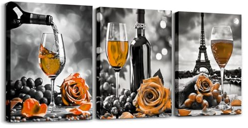 Leinwandbild mit Weingläsern für Wohnzimmer, gerahmte Wandkunst, Weindekor für Küche, romantische Blumen, Paris, Eiffelturm, Leinwand-Kunstwerk, Gemälde, Schwarz, Weiß und Grau