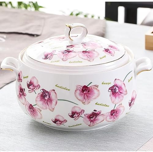 Soupière en céramique avec couvercle Grande capacité Soupière ronde, marmite for servir la salade Pâtes Nouilles Ragoût, Micro-ondes et lave-vaisselle, Porcelaine blanche(A,3000ml)