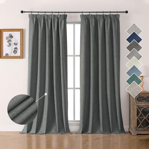 Joydeco 100% Verdunkelungsvorhänge Leinen Gardinen mit Kräuselband 2er Set H275xB140cm Grau, Thermovorhang Kälteschutz Blickdicht Schallschutz Ideal für Wohnzimmer passt zu Schienensystemen