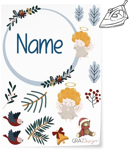 GRAZDesign Bügelbilder Set für Textilien Weihnachten Engel DIN A4 zum selbst aufbügeln, Kinder mit Namen personalisiert