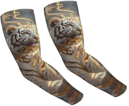 Buewutiry Cooling Arm Sleeves for Men Women Uv Protection - Golden White Tiger Tattoo Sleeves to Cover Arms for Women Men, Compression Gardening Sleeves for Women Men