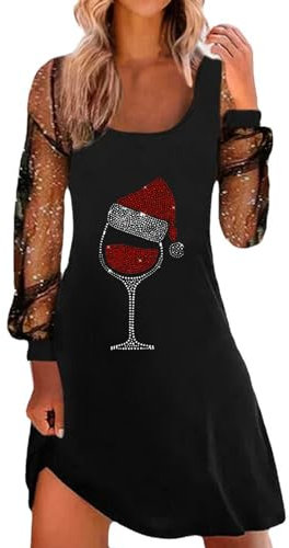 Kleid Damen Silvester Weihnachten - Abendkleid Elegant Party Kleid Mit Taschen Damen Dress Slim Fit Weihnachtskleid Damen Teenager Winterkleider Mit Lustige Druck Festliche A-Linie Swing Kleid