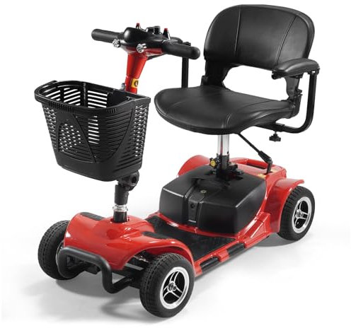Patinete eléctrico de movilidad de 4 ruedas con batería – Silla de ruedas eléctrica de transporte – Movilidad compacta y resistente para viajes, adultos y personas mayores, incluye cesta y cargador