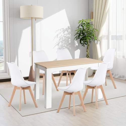 FURNITABLE Juego de 6 sillas de comedor y mesa de comedor rectangular de 120 cm, para salón, cocina, oficina (mesa de roble y blanco, 6 sillas blancas)