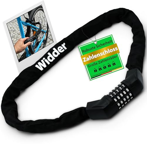 WIDDER Fahrradschloss mit Zahlencode [extra-große Zahlenräder, 5 Zahlen] - Nur 850g Zahlenschloss - Fahrrad Kettenschloss hohe Sicherheit - e Scooter Schloss e-Bike - sicher mit Zahlenkombination