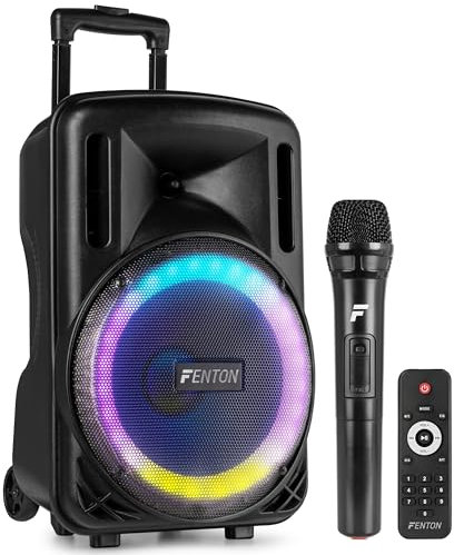 Fenton FT10LED MK2 10 Portable PA System with Wireless UHF Microphone, Bluetooth Party Speaker with LED Light, USB/SD MP3 Playback, Rechargeable Battery & Wheels, 450W