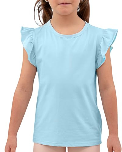 KAKU NANU Maglietta Bianca Bambina T Shirt Tinta Unita 3-10 Anni Cotone Ruffle Top Estivi Ragazza Rosa Azzurra Gialla Viola