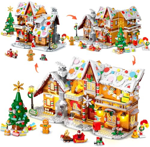 2025 Christmas 3 Style Gingerbread House Building Set with Light - 1421PCS Christmas Castle Village Building Block Toy with Santa Claus Xmas Tree Train for Adults Kids Girls Boys Ages 8+