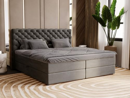 GRAINGOLD Bergamo Bett 180x200, Boxspringbett mit Bettkasten, Polsterbett mit Bonell-Matratze, Samt Stoff, mit Topper, mit Kopfteil (Dunkelgrau, 180x200)