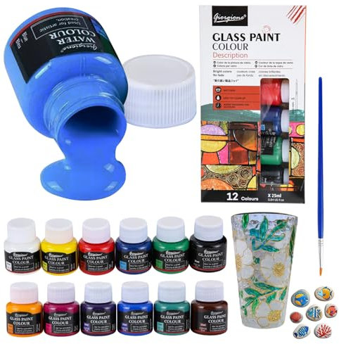 Kit de peinture sur verre - 12 couleurs - Avec stylo de peinture sur verre - Peinture non toxique pour verre céramique - Forte capacité couvrante pour verre, cristal, fenêtre et bouteilles de vin