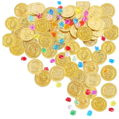 Yuannee Piratenschatz Goldmünzen Set,50 PCS Edelsteine für Kinder und 50 PCS Goldmünzen Piratenschatz Kindergeburtstag für Kinder Piratenparty Mitgebsel,Schatzsuche Kindergeburtstag
