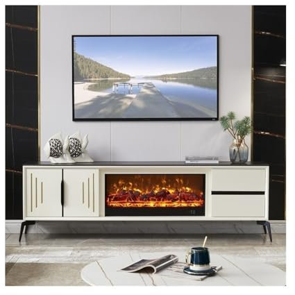 huanglyc-232 Cheminée électrique Meuble TV Moderne avec Insert de cheminée à Flammes réalistes, Console multimédia TV avec Meuble de Rangement et tiroirs, Blanc Décoration de Flammes 3D Intelligente