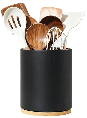 Utensil Rack - Rotating Wooden Storage Holder for Kitchen Cutlery Organization | Real Wood with Divided Compartments, 360 Degree Turntable, Counter Stand for Cooking Tools and Tableware